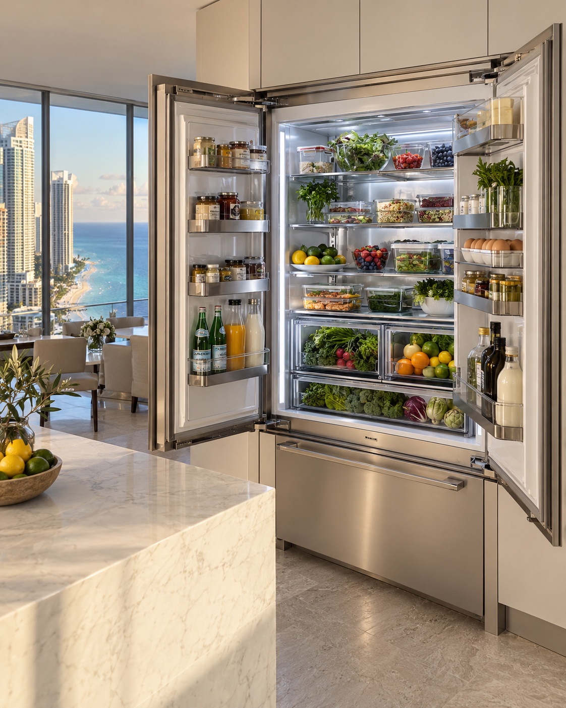 A beautifully stocked refrigerator in a luxury oceanfront penthouse kitchen