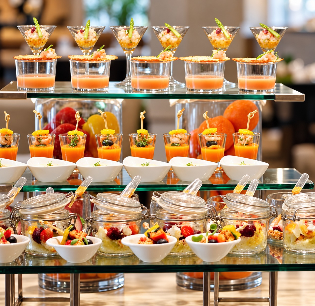 Elegantly arranged appetizers in glassware on a tiered private dining display
