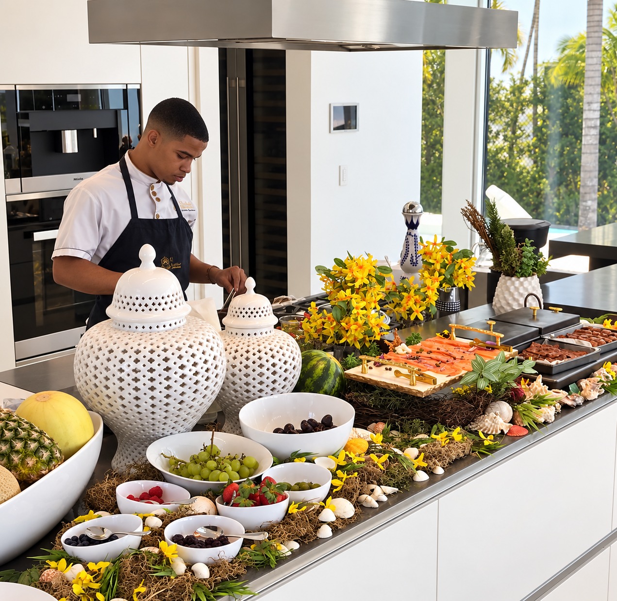Chef Ali preparing a private dining buffet in a modern luxury kitchen