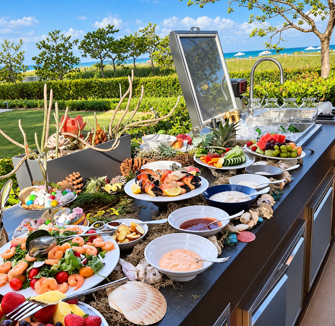 Oceanfront private dining buffet with seafood, fruit and fresh vegetables